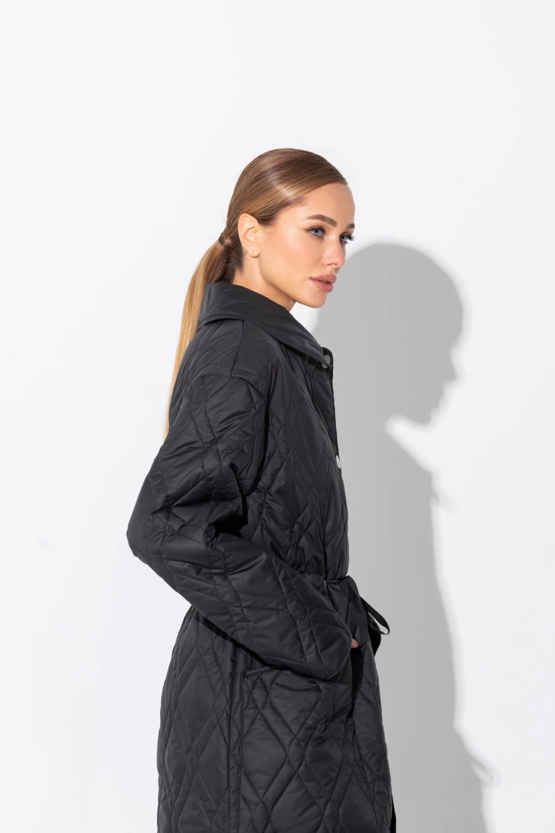 Black quilted midi coat jacket - classic warm winter looks by VOVK